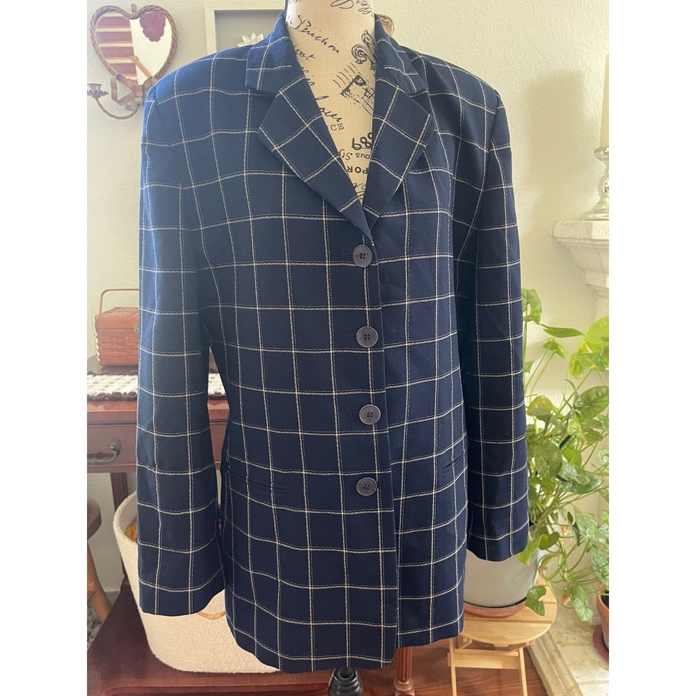 Talbots Women's Blazer 10‎ Blue Plaid 100% Worsted Wool Career Academia Preppy